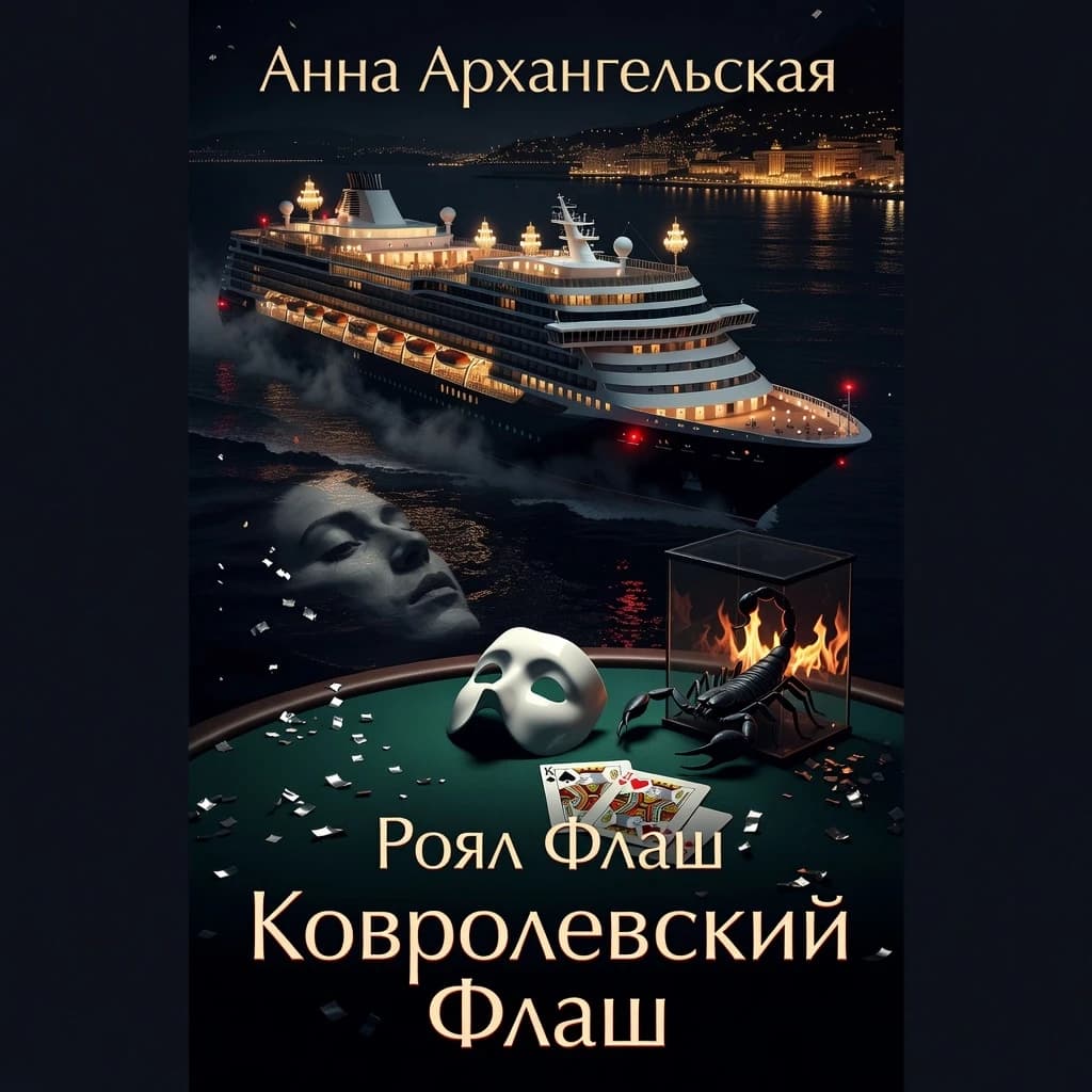 Book cover for a Russian-language psychological detective thriller.  Автор: Анна Архангельская, серия: "Королевский флеш", название: "Ковролевский флеш", Vertical 2:3 composition. Cinematic digital painting in a high-end noir style. A luxurious Mediterranean cruise liner at night, viewed from a high-angle perspective, drifting through the deep, ink-black waters of a winter sea near the shimmering, distant golden lights of Monte Carlo. The ship is an imposing silhouette of elegance and hidden menace: the upper decks glow with a warm, opulent amber light, while the lower decks dissolve into thick, smoke-like shadows. 

In the sharp foreground, a dramatic still life: a single, pristine white porcelain theatrical half-mask floats weightlessly above a deep emerald green felt poker table. Beside it, the dark, menacing silhouette of a black scorpion is visible inside a glass terrarium. Two playing cards lie on the felt: the King of Spades and the King of Hearts, with a Joker card partially tucked beneath them. The surface of the dark water below reflects a haunting, distorted human face, blending reality with psychological dread. 

Lighting: Dramatic chiaroscuro, with warm gold highlights clashing against midnight navy shadows. Small, piercing crimson emergency lights and glints of silver confetti provide sharp accents. Subtle reflections of fire dance within the glass elements. Mood: Expensive, tense, psychological suspense, winter glamour, and noir mystery. Palette: Midnight navy, emerald green, old gold, ivory white, and controlled crimson. Composition: Uncluttered, leaving clean, atmospheric space