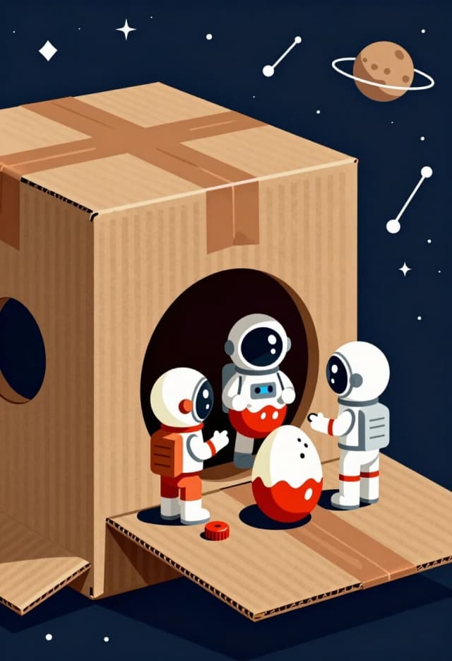 Вертикальный кадр, 3:4, как иллюстрация к старой фантастической книге. Космический корабль из картонных коробок: панели из гофрокартона, стыки проклеены коричневым скотчем, иллюминаторы — круглые картонные втулки, антенны — проволока и скрепки. На палубе — картонные астронавты в шлемах из половинок яиц от киндер‑сюрприза, они проверяют приборы из крышек и кнопок. На заднем плане — звёздное небо с нарисованными созвездиями и маленькой планетой. Стиль — ретро‑иллюстрация 70‑х: чёткие контуры, плоские заливки, ограниченная палитра (охра, тёмно‑синий, медный, белый), минимум градиентов, контрастные тени, акцент на текстурах: скотч, складки, стыки. Атмосфера — приключенческая, будто это концепт из старого журнала «Техника — молодёжи».