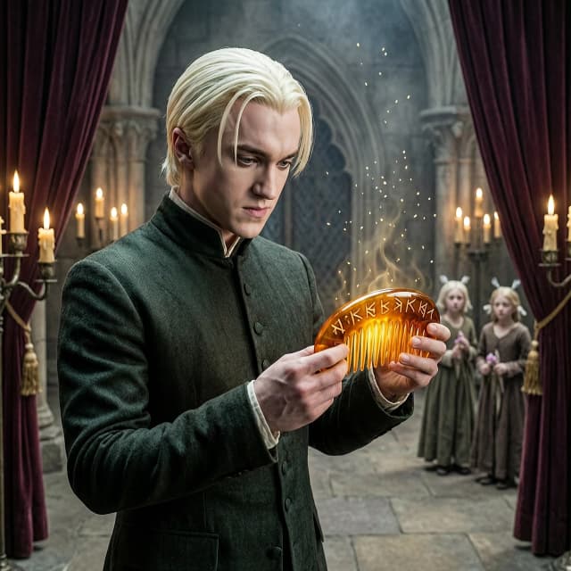 A stunning still from the Harry Potter film. Draco Malfoy: a Slytherin prince with aristocratic skin, platinum hair, and piercing gray eyes. He is in the gloomy, dusty Room of Requirement with its burgundy curtains and candles. He is carefully examining a WOMAN'S AMBER HAIRCOMB - a Horcrux of Dark Magic: carved from a single piece of luminous, translucent cognac-colored amber. The amber comb is adorned with intricate runic engravings and glows from within with a warm, ominous golden light, casting light and shadow around it. Gloomy atmosphere, volumetric dust motes, bokeh, historical dark fantasy, two pixies watching Draco in the distance, photorealistic image