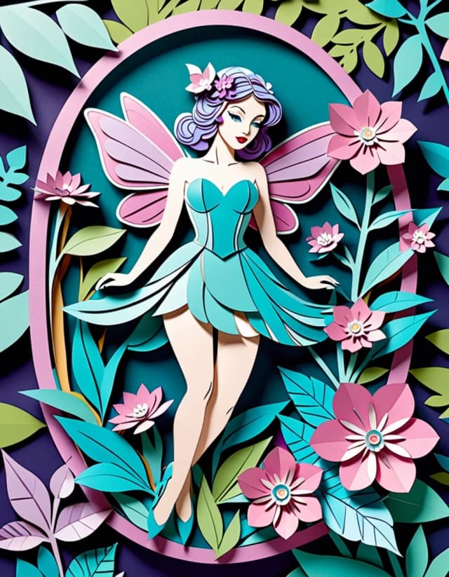 A masterpiece.  Image. Three-dimensional multi-layered paper cutout with a pinup-style fairy on a flower with clear facial features and expressive eyes against a forest background, multi-layered paper work, a bright palette of lilac, pink, turquoise and shades of blue, high detail, clear edges, clear paper textures, soft shadows between layers, volumetric composition, depth 3D, studio lighting, author's style, 8k resolution. High detail and clear texture. High quality. Increased attention to small details. The artist is Russ Mills.