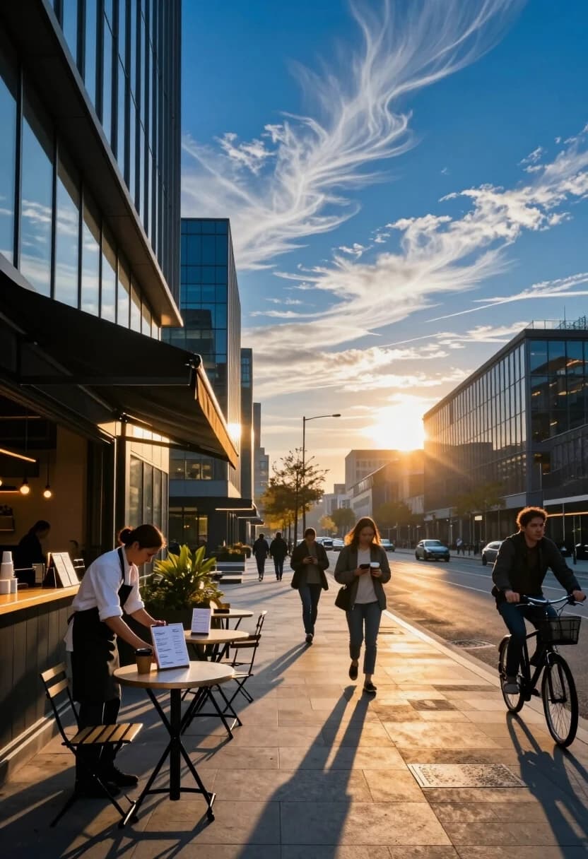 Photorealistic image, 8K, wide-angle shot of a modern city street at early morning. The sky is a deep, vibrant blue with a few wispy cirrus clouds drifting high up. The rising sun casts long, warm shadows and creates a golden glow on the glass facades of the buildings. On the sidewalk, a barista is setting up the outdoor seating area of a small café: folding chairs, arranging menus, and wiping down tables. A few early commuters walk briskly, some with coffee cups in hand, others checking their phones. A cyclist glides past, catching a beam of sunlight that makes the air seem to shimmer. The focus is on the contrast between the cool blue of the sky and the warm golden tones of the city below, emphasizing the freshness of a new day.