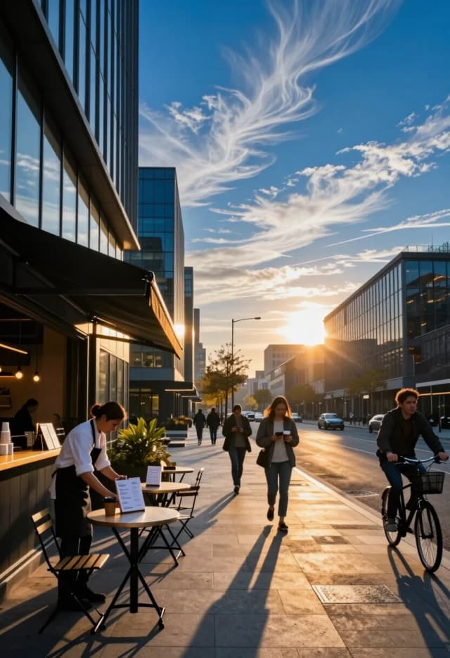 Photorealistic image, 8K, wide-angle shot of a modern city street at early morning. The sky is a deep, vibrant blue with a few wispy cirrus clouds drifting high up. The rising sun casts long, warm shadows and creates a golden glow on the glass facades of the buildings. On the sidewalk, a barista is setting up the outdoor seating area of a small café: folding chairs, arranging menus, and wiping down tables. A few early commuters walk briskly, some with coffee cups in hand, others checking their phones. A cyclist glides past, catching a beam of sunlight that makes the air seem to shimmer. The focus is on the contrast between the cool blue of the sky and the warm golden tones of the city below, emphasizing the freshness of a new day.