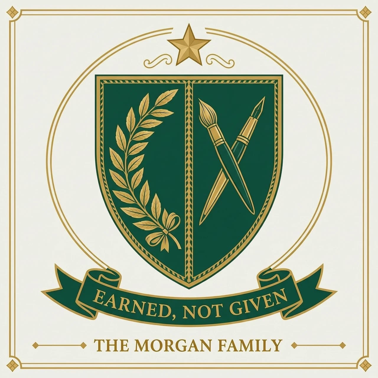 Design a modern heraldic coat of arms crest celebrating a career
milestone (retirement, promotion, or new business). Shield divided
into two fields: one half contains a laurel wreath symbolizing
achievement, the other half contains a single symbolic object
representing a profession (e.g. a fountain pen and open book for a
writer, a stethoscope for a doctor, a gavel for a lawyer — use a
generic paintbrush and ink pen for this sample). Crown or star above
the shield. Ribbon banner below reading "EARNED, NOT GIVEN" in serif
lettering. Palette: deep emerald green and gold, fine engraved
linework, symmetrical and dignified composition. Below the crest add
"THE MORGAN FAMILY" in elegant serif capitals. Portrait orientation,
clean illustration style suitable for a framed print.