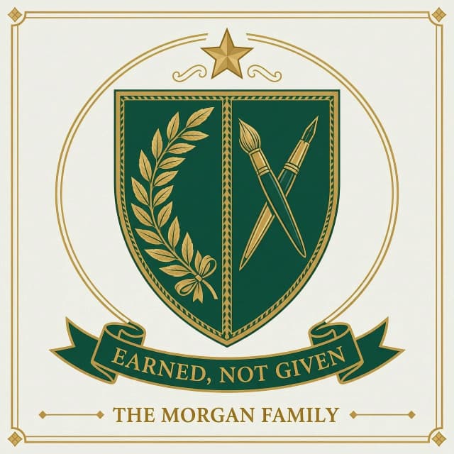 Design a modern heraldic coat of arms crest celebrating a career
milestone (retirement, promotion, or new business). Shield divided
into two fields: one half contains a laurel wreath symbolizing
achievement, the other half contains a single symbolic object
representing a profession (e.g. a fountain pen and open book for a
writer, a stethoscope for a doctor, a gavel for a lawyer — use a
generic paintbrush and ink pen for this sample). Crown or star above
the shield. Ribbon banner below reading "EARNED, NOT GIVEN" in serif
lettering. Palette: deep emerald green and gold, fine engraved
linework, symmetrical and dignified composition. Below the crest add
"THE MORGAN FAMILY" in elegant serif capitals. Portrait orientation,
clean illustration style suitable for a framed print.