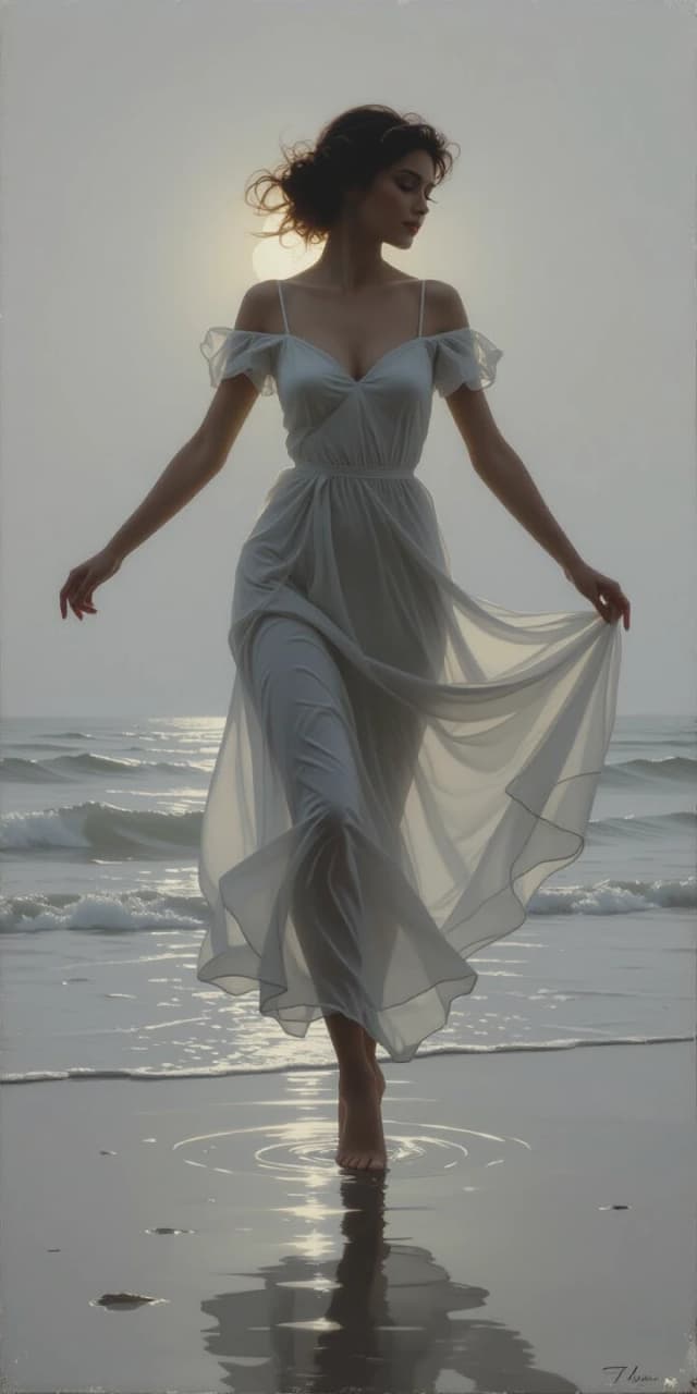 Set against a gray background and rendered in delicate, translucent lines, it depicts a transparent, ethereal female silhouette in a dress, dancing on the sand at the water’s edge. Vicente Romero Redondo, Lee Bogle, Konstantin Razumov, Harrison Fisher.
