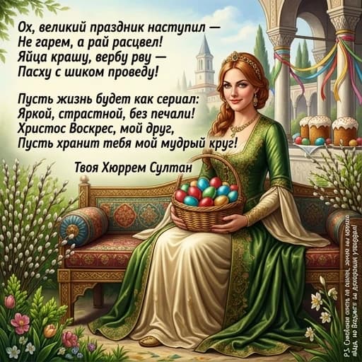 шуточная пасхальная открытки в стиле лёгкой иронии, с отсылками к сериалу:

Изображение:
Хюррем-султан в роскошных исторических нарядах эпохи Османской империи сидит на богато украшенной скамье в дворцовом саду. В руках у неё плетёная корзинка, доверху наполненная яркими пасхальными яйцами — красными, синими, зелёными, золотыми. Вокруг — пышные ветки вербы, пробивающаяся весенняя зелень и цветы. Взгляд Хюррем — царственный, но с хитринкой, лёгкая улыбка играет на губах. На заднем плане — намёк на дворец Топкапы, но среди колонн виднеются куличи и разноцветные ленточки.

Текст на открытке:

О, великий праздник пришёл —
Не гарем, а рай расцвёл!
Яйца крашу, вербу рву —
Пасху с шиком я справлю!

Пусть будет жизнь, как сериал:
Яркой, страстной, без печалей!
Христос воскресе, мой друг,
Да хранит тебя мой мудрый круг!

Ваша Хюррем-султан

В углу открытки (мелким шрифтом, как подпись):
«P.S. Сулейман опять не понял, зачем красить яйца, но одобрил бюджет на украшения!»