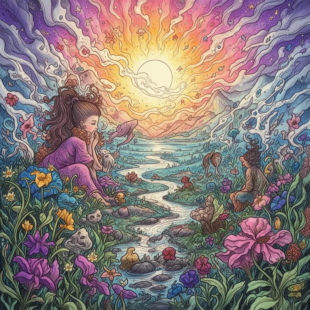 Vibrant colors and intricate textures breathe life into this captivating ink illustration, stirring deep emotions and inviting introspection with its enchanting allure.