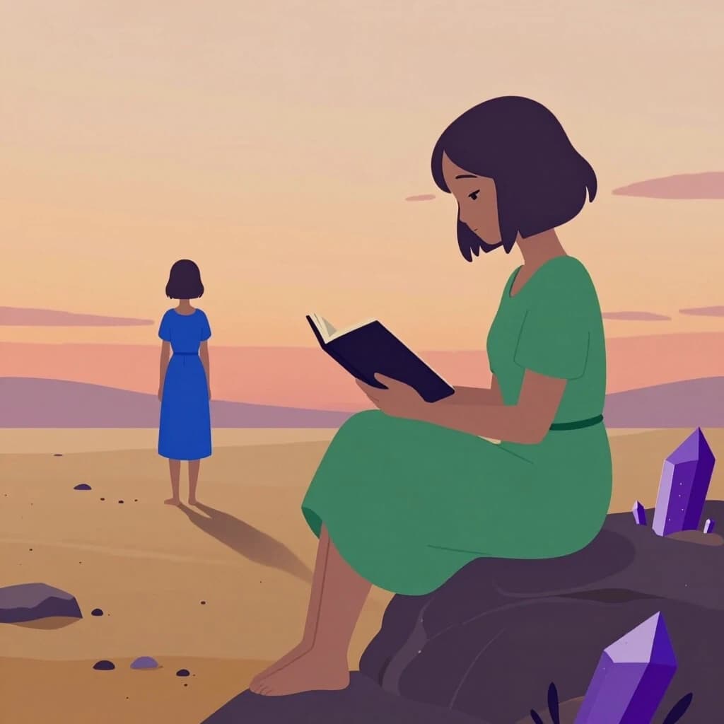 «На планете Флорианна, закат. Тёплый, густой свет ложится на песок и на кристаллы у горизонта. В кадре Лиэде: она сидит на камне, в руках раскрытая тетрадь, взгляд спокойный, будто она уже знает ответ. Рядом, чуть позади, стоит Нира — она не в центре, она будто держит тишину вокруг. У неё поза тихая: руки чуть сложены, голова чуть наклонена, будто прислушивается к планете. Стиль: минималистичное аниме, мягкие тени, минимум лишних деталей. Цвета: тёплый песок, глубокий фиолетовый кристаллов, платье Лиэде — нежно‑зелёное, платье Ниры — серовато‑голубое. Композиция спокойная, без резких ракурсов. Никаких лишних персонажей, никаких эффектов. Только эти две девочки и их мир».