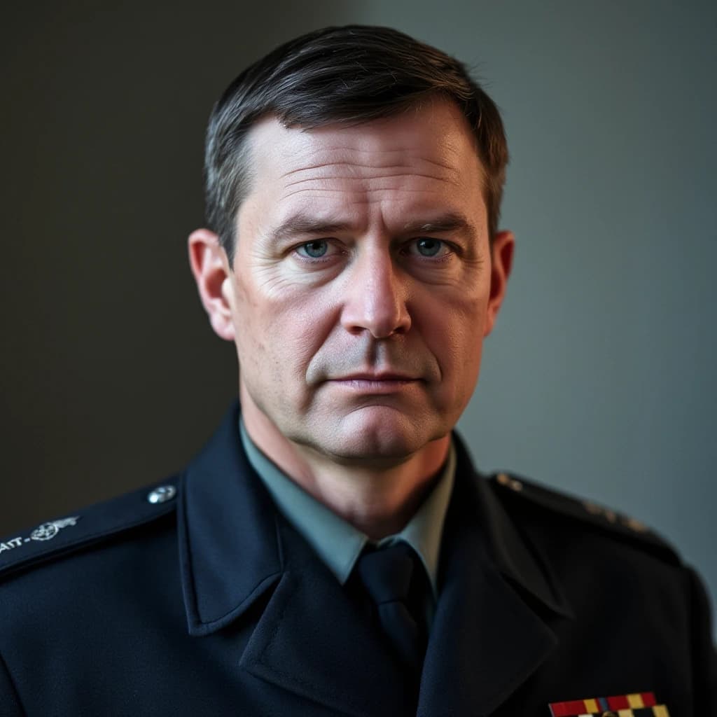 professional portrait of middle aged german lieutenant in NATO uniform. Short dark hairs, cold but clever grey eyes