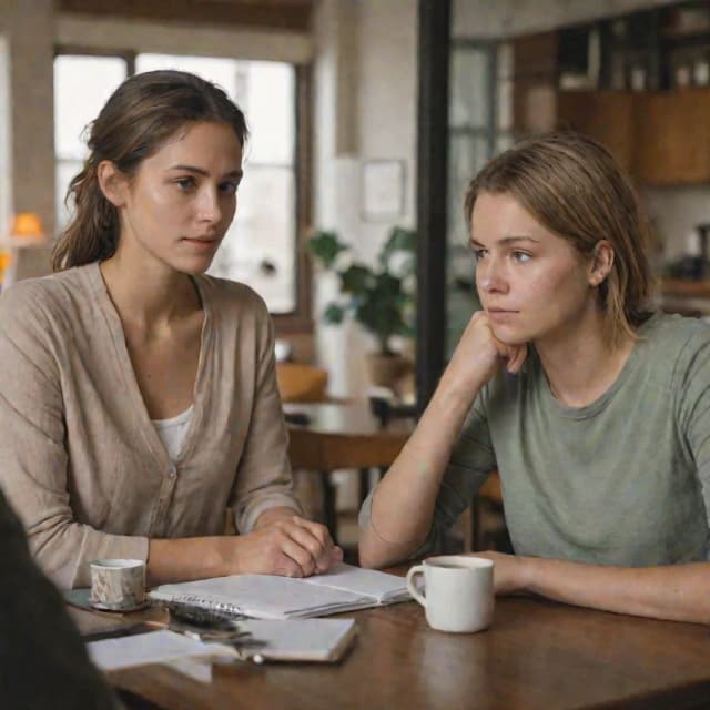 A young woman sitting across from someone at a table, listening with a slightly uncomfortable but thoughtful expression, like receiving honest tough feedback she didn't expect, notebook open in front of her, casual clothes, coffee cups on table, warm café or home setting, natural light, candid UGC photo style, authentic, no filters, realistic