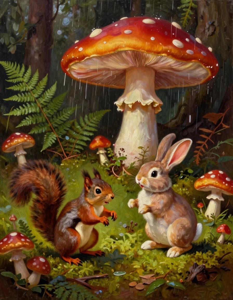A masterpiece. Creating an image. Style - painting, oil, cartoon style.((A secluded forest glade among ferns, mushrooms and moss, in the foreground a squirrel and a bunny dancing under a warm mushroom rain:1.6)). High resolution. High detail and clear texture. Close-up. High quality. Increased attention to small details. The aspect ratio is 3:4. The artists are Levitan, Shishkin.
