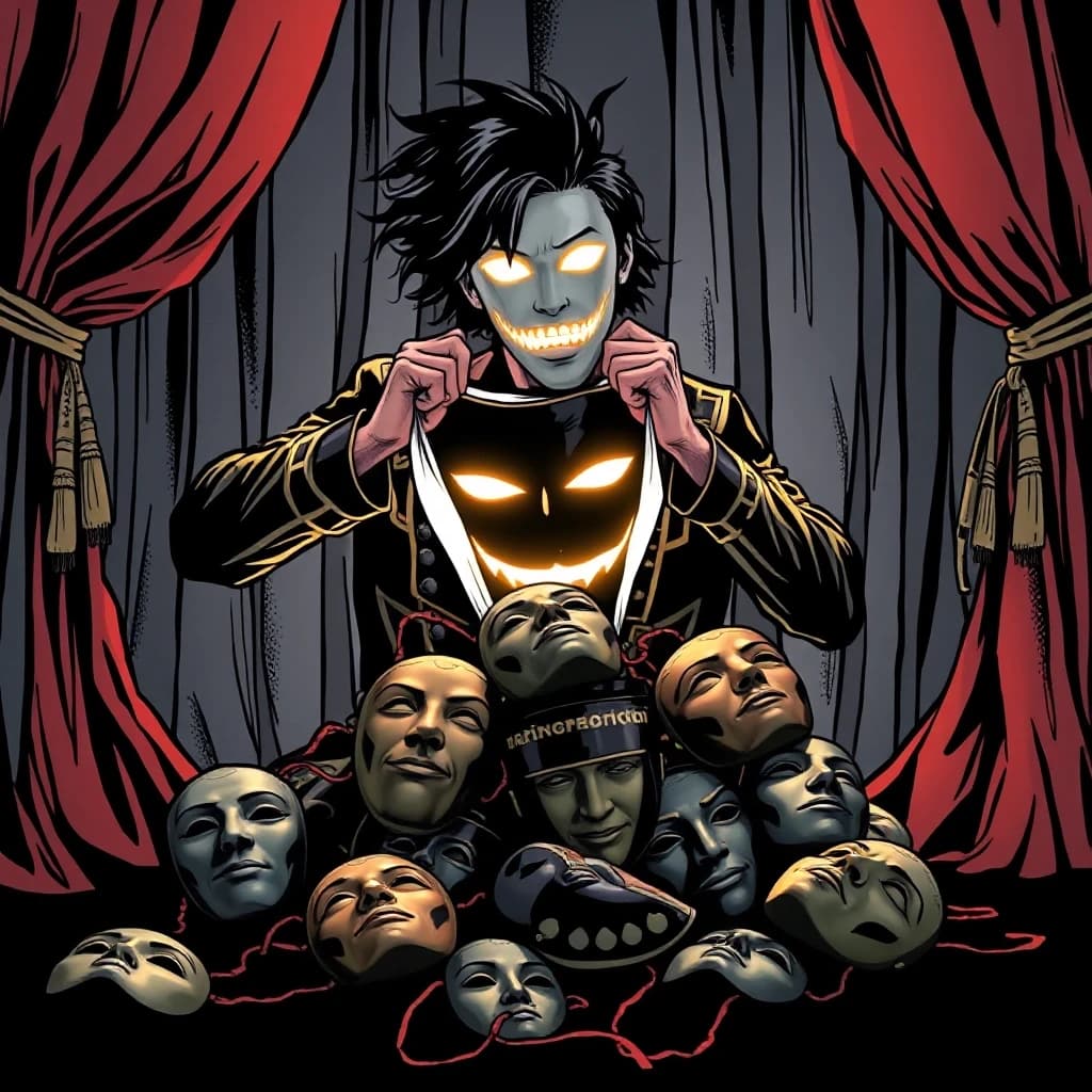 A person tears off a theatrical mask, revealing their own glowing face underneath. Behind them, a stack of discarded masks lies on the floor. The stage curtains are being torn open. Style: theatrical comic art, black, gold, red accents, dramatic reveal, liberation.