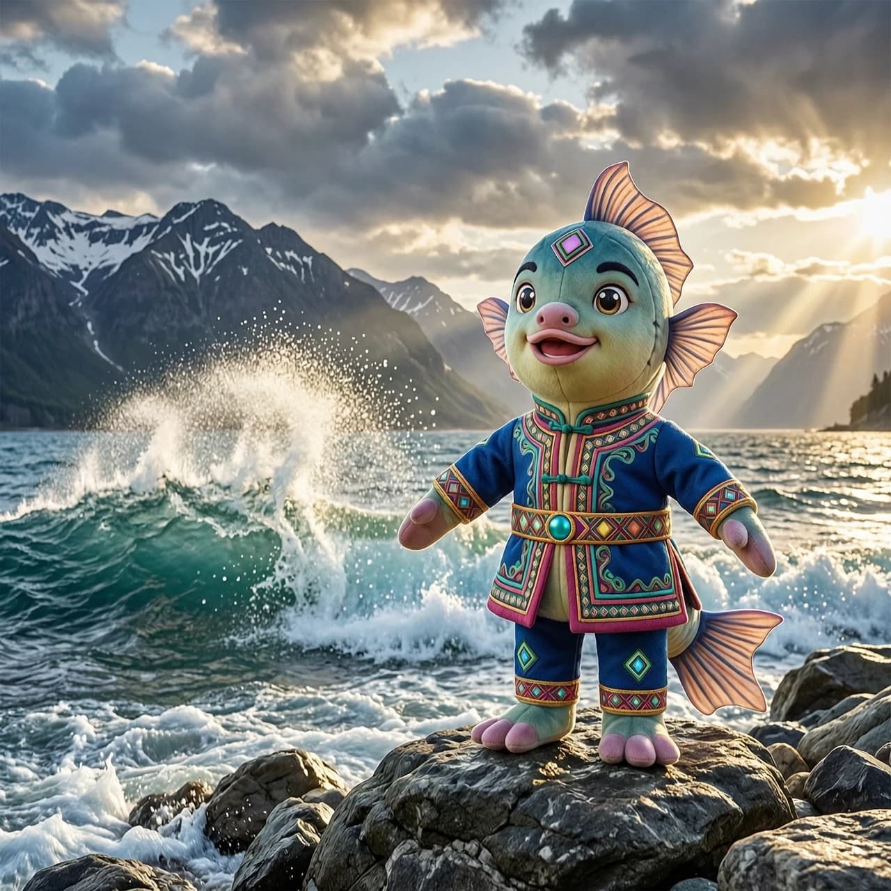 Adorable anthropomorphic omul fish mascot, a charismatic character with expressive eyes and a friendly smile, standing heroically on a rugged rocky shore of Lake Baikal. In the background, majestic Siberian mountains rise under a dramatic sky, while a powerful, massive wave crashes against the stones, spraying crystalline droplets. Strong wind gusts realistically flutter the character's delicate fins. The character's design and clothing are intricately embellished with vibrant, glowing traditional Buryat national ornaments. Cinematic 3D render in the signature Pixar animation style, featuring high-end subsurface scattering on the skin, lush textures, and hyper-detailed scales. Dynamic composition, wide shot, dramatic natural lighting with sunbeams breaking through clouds, vivid and saturated color palette, 8k resolution, masterpiece quality. Изображение мягкой игрушки, которую можно будет реализовать на производстве мягкой мебели из обрезков наполнителей и тканей.