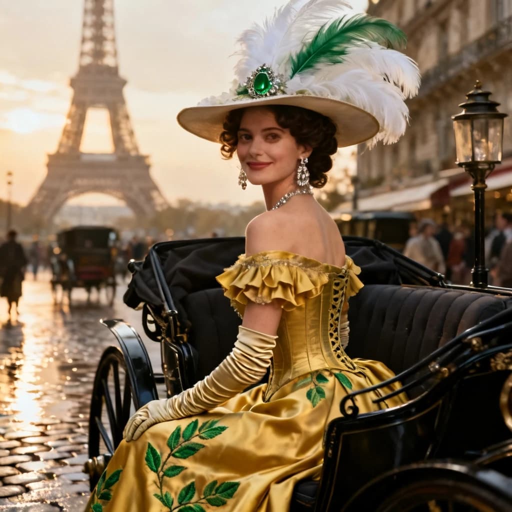 Photorealistic portrait of an elegant Belle Époque woman in a luxurious golden-yellow silk gown embroidered with green leaves, off-the-shoulder ruffled sleeves, tight corseted bodice and long ruched opera gloves, seated in an ornate black horse-drawn carriage on a wet cobblestone Paris street with the Eiffel Tower in soft focus behind her. She wears a wide-brimmed embellished hat with large white and green feathers, an emerald centerpiece and sparkling jewels, chandelier earrings, curled brunette hair, warm natural makeup and a gentle confident smile as she glances over her shoulder. Golden-hour cinematic lighting with soft diffused fill and rim light, specular reflections on wet stones, shallow depth of field with creamy bokeh, blurred pedestrians and vintage carriages in the background, ultra-detailed skin texture, fabric folds, embroidery, metal and jewel reflections, 85mm portrait composition, high resolution, hyperrealistic, subtle film grain, rich warm color grading, no text or watermark
