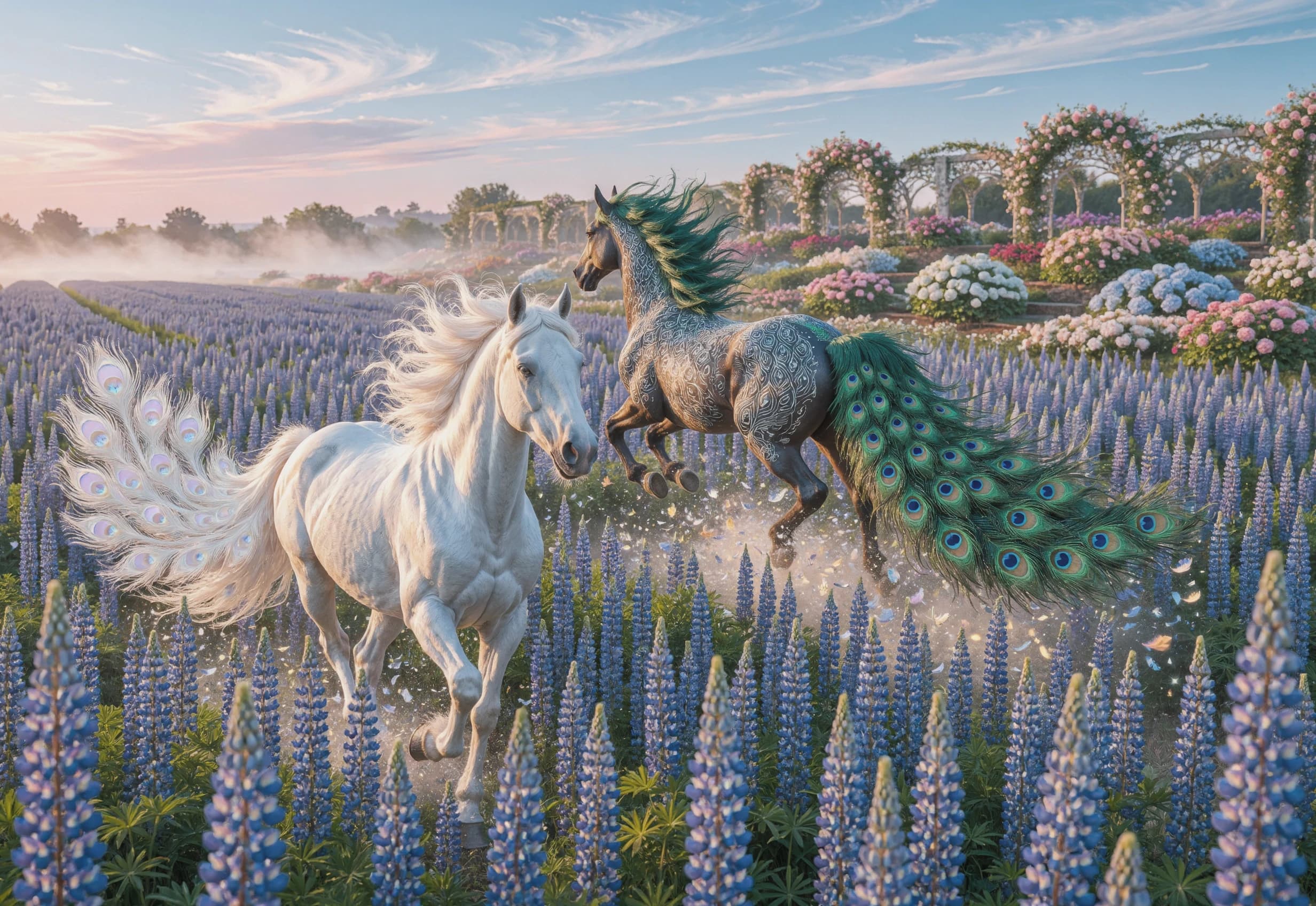 Fantasy scene: Two magical horses gallop across an endless field densely overgrown with tall blue lupines. On the left is a purebred white horse: its coat shines as if covered with the finest diamond dust; its long, fluffy tail is like a white peacock's: long, airy feathers with mother—of-pearl opalescent iridescences gently flutter in motion. On the right is a horse with a skin painted with a pattern of peacock feathers: on the dark silver skin there are thin filigree lines repeating the peacock ornament.; his long, bushy tail is emerald green, with characteristic "eyes" of a deep sapphire hue, it flows behind the horse like a silk train.
The composition is a dynamic middle ground with a light angle from below: the viewer seems to be standing in the lupines and watching the horses rush past. The white horse is slightly in front and to the left, its head is slightly turned towards the viewer — expressive eyes and delicate features of the muzzle are visible. The second horse is slightly behind and to the right, at the moment of the jump: the front legs are raised, the muscles are tense, the tail is effectively extended in an arc. Between the horses is a flight of crumbling petals and light flower seeds, illuminated by oblique sunlight.
Background: behind the field of lupines there is a wonderful flower garden: terraces with lush peonies, hydrangeas and convolvulus, in the distance there are openwork arches covered with climbing roses and a light mist rising from the ground. The sky is pale pink on the horizon, above it is azure, with thin cirrus clouds. The lighting is warm sunset light: the rays fall from the side, emphasizing the texture of wool, the shine of feathers and the transparency of the petals; golden highlights on the lupines, light haze and sparkling particles in the air, as if magic settles in the air.
The atmosphere is romantic, magical, filled with a sense of wonder. The style is fantasy hyperrealism: maximum detail (from individual hairs on the mane to the microtexture of peacock "eyes"), cinematic framing, saturated but harmonious colors, smooth transitions of tones. Resolution — 8K, high depth of field: horses in focus, background softly blurred.