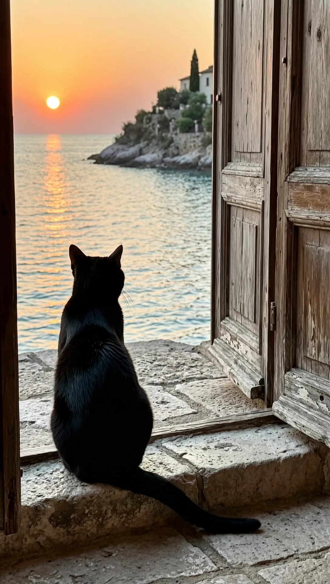 A quiet Mediterranean coastal scene at sunset: a solitary black cat seated on the stone threshold of an old weathered house, looking toward the glowing sea. The cat sits in the lower left third of the composition, seen from behind in a calm upright pose with a clear dark silhouette, pointed ears and a relaxed tail resting along the stone ledge. Intimate, contemplative, warm and gently nostalgic.