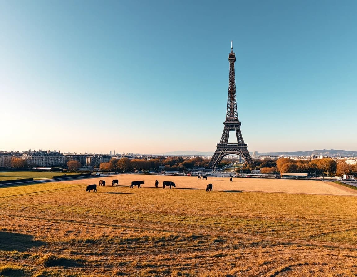 Award-winning professional photo. Isometric view. Expansive fields where cows are grazing; the Eiffel Tower rises up from the field.