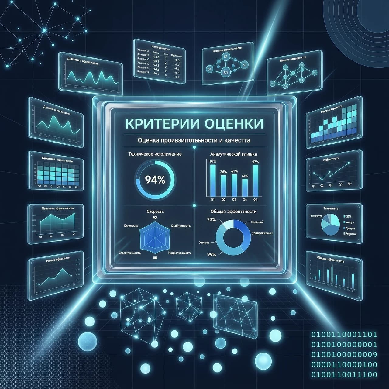 Футуристическая высокотехнологичная концептуальная визуализация для слайда презентации на тему «Критерии оценки», элегантная современная эстетика будущего. Изысканная композиция с парящими полупрозрачными голографическими интерфейсами, светящимися графиками данных и замысловатыми геометрическими элементами интерфейса. В цветовой палитре преобладают темно-синие, ярко-голубые и кобальтово-синие градиенты с едва заметными неоновыми акцентами. Кинематографическое освещение с мягким объемным свечением и резкими лучами света, пронзающими темное минималистичное цифровое пространство. Сверхдетализированный цифровой арт, четкие линии, гладкие стеклянные текстуры и частицы боке. Макросъемка цифровой приборной панели, широкий угол обзора, разрешение 8K, стиль рендеринга Unreal Engine 5, профессиональный корпоративный футуристический дизайн, ощущение точности, ясности и продвинутого интеллекта