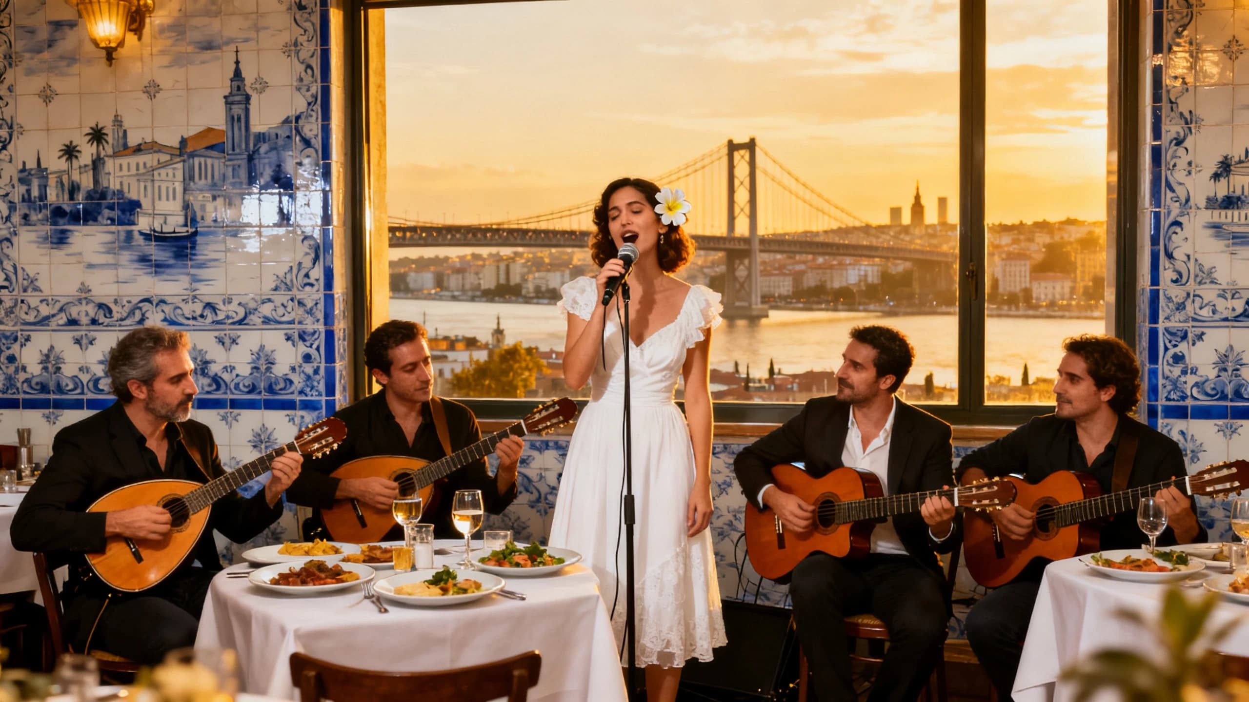 The image shows a group of people in a restaurant with a beautiful view of the city. The restaurant has blue and white tiles on the walls and a large window that offers a panoramic view of a bridge and buildings. In the center of the image, there is a woman in a white dress with a flower in her hair, singing into a microphone. To her left, there are two men playing mandolins, one playing a mandolin and the other playing a guitar. To the right, two men are playing guitars, and there are plates of food and drinks on the table in front of them. The overall atmosphere of the restaurant is romantic and lively.
