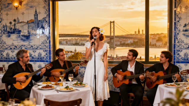 The image shows a group of people in a restaurant with a beautiful view of the city. The restaurant has blue and white tiles on the walls and a large window that offers a panoramic view of a bridge and buildings. In the center of the image, there is a woman in a white dress with a flower in her hair, singing into a microphone. To her left, there are two men playing mandolins, one playing a mandolin and the other playing a guitar. To the right, two men are playing guitars, and there are plates of food and drinks on the table in front of them. The overall atmosphere of the restaurant is romantic and lively.