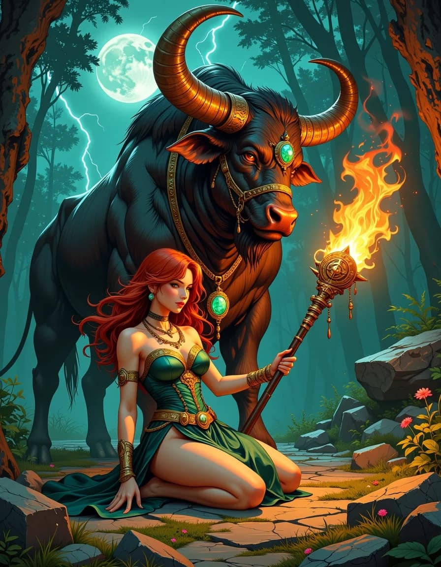 A masterpiece,  in the style of the 1980s, with bold lines, dynamic strokes and rich textures, on background with a touch of nostalgia, perhaps with subtle drawings inspired by cellulose and vintage, worn textures similar to paper, oil painting, Hyper-detailed fantasy illustration of a powerful forest sorceress kneeling beside a massive mythic bull guardian in a moonlit glade — young woman with flowing auburn hair, emerald green corset gown with ornate gold filigree, thigh-high split and delicate jewelry; holding an intricately carved wooden staff topped with a roaring flame; warm torchlight and cool moonlight mixing across her luminous skin with subtle subsurface scattering, soft highlights and realistic pores; intense, confident expression, emerald earrings matching a glowing pendant on the bull. Massive muscular bull with bronze horns, leather chains and a large glowing green amulet, textured fur, steam rising from nostrils, intelligent amber eyes. Floating arcane runes and crackling blue lightning in the air, soft fire sparks, wildflowers and mossy stones in foreground, volumetric fog and dappled forest bokeh in background. Cinematic low-angle 3/4 view, dynamic composition, dramatic rim lighting, ultra high detail, painterly realism, rich emerald and gold palette, crisp details, filmic depth of field, 8k, studio-level render quality. hdr
