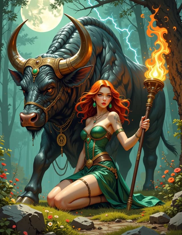 A masterpiece,  in the style of the 1980s, with bold lines, dynamic strokes and rich textures, on background with a touch of nostalgia, perhaps with subtle drawings inspired by cellulose and vintage, worn textures similar to paper, oil painting, Hyper-detailed fantasy illustration of a powerful forest sorceress kneeling beside a massive mythic bull guardian in a moonlit glade — young woman with flowing auburn hair, emerald green corset gown with ornate gold filigree, thigh-high split and delicate jewelry; holding an intricately carved wooden staff topped with a roaring flame; warm torchlight and cool moonlight mixing across her luminous skin with subtle subsurface scattering, soft highlights and realistic pores; intense, confident expression, emerald earrings matching a glowing pendant on the bull. Massive muscular bull with bronze horns, leather chains and a large glowing green amulet, textured fur, steam rising from nostrils, intelligent amber eyes. Floating arcane runes and crackling blue lightning in the air, soft fire sparks, wildflowers and mossy stones in foreground, volumetric fog and dappled forest bokeh in background. Cinematic low-angle 3/4 view, dynamic composition, dramatic rim lighting, ultra high detail, painterly realism, rich emerald and gold palette, crisp details, filmic depth of field, 8k, studio-level render quality. hdr