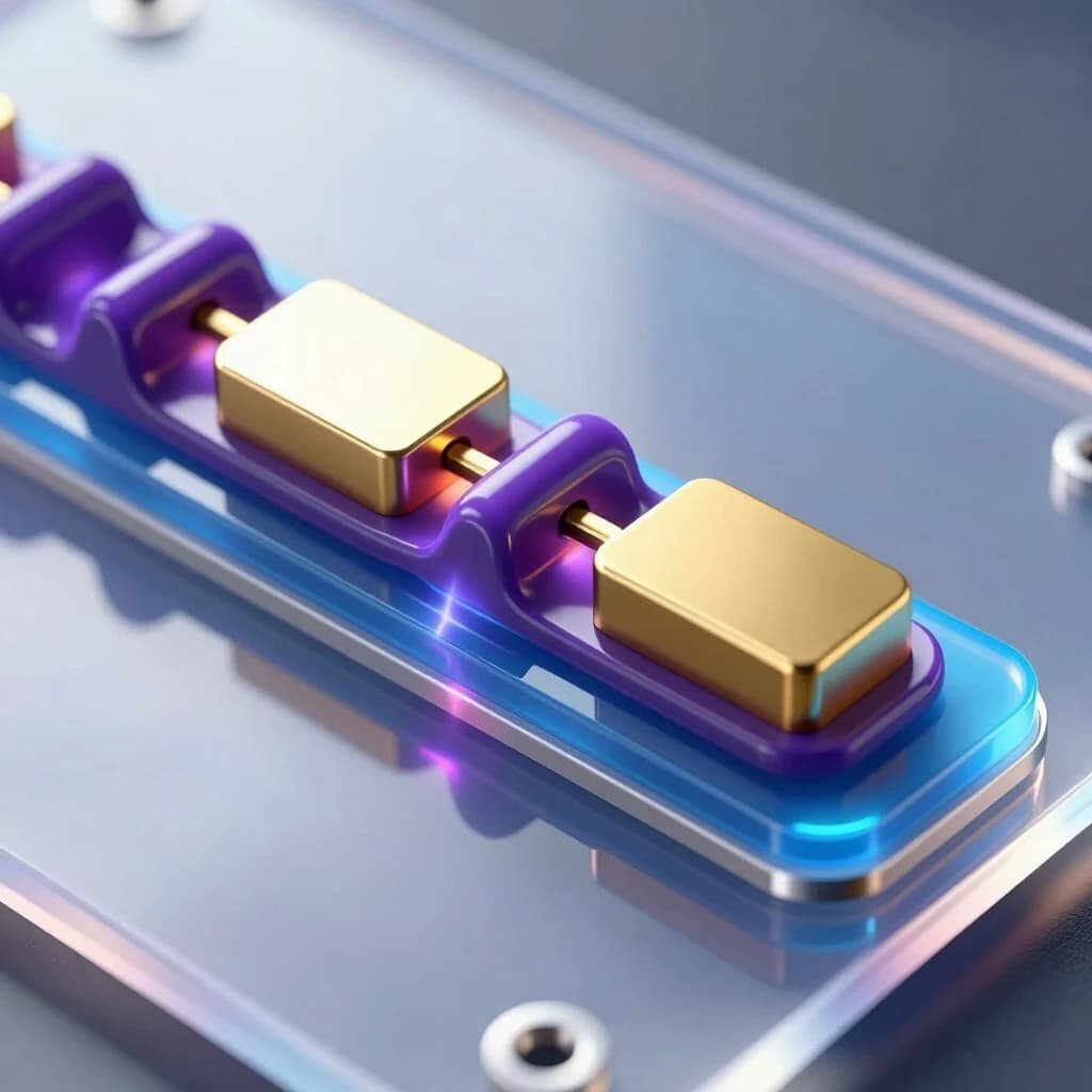 hyper-realistic scientific 3D illustration of a cross-section of an Organic Field-Effect Transistor (OFET) with a bottom-gate and top-contact architecture. Flexible transparent PET substrate at the very bottom. A continuous metallic gate electrode underneath, followed by a thin translucent blue aluminum oxide dielectric layer. Above it lies a narrow channel of deep purple organic semiconductor nanocrystals connecting two massive polished gold source and drain electrodes with a small gap between them. The device emits a subtle internal glow indicating current flow through the channel. Macro photography, extreme close-up, shallow depth of field focusing on the active layers. Cold directional studio lighting from above combined with soft backlighting through the substrate to highlight the gate-dielectric boundary. Ray tracing reflections, caustics, electric field aura effects around the contacts. Clean high-tech atmosphere, sterile environment, no bond pads visible. 8K resolution, intricate microscopic details, photorealistic textures.