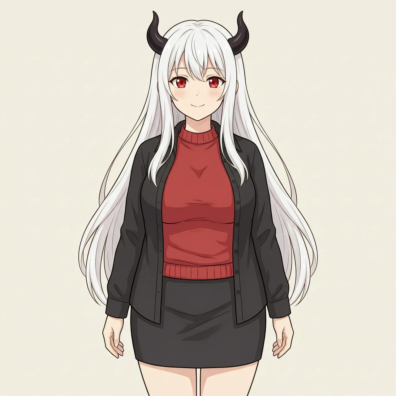 Anime illustration style, clean lineart, soft cel shading. Beautiful young woman with long flowing white hair, small black curved demon horns on her head, bright red eyes. Body type: slightly chubby, soft tummy, huge 4th size breasts, firm round buttocks. Wearing a tight red sweater, over it a black shirt left unbuttoned at the top, short black skirt ending above the knees. Cute face, gentle expression, standing pose, front view. No realism, no photo texture, drawn art style.