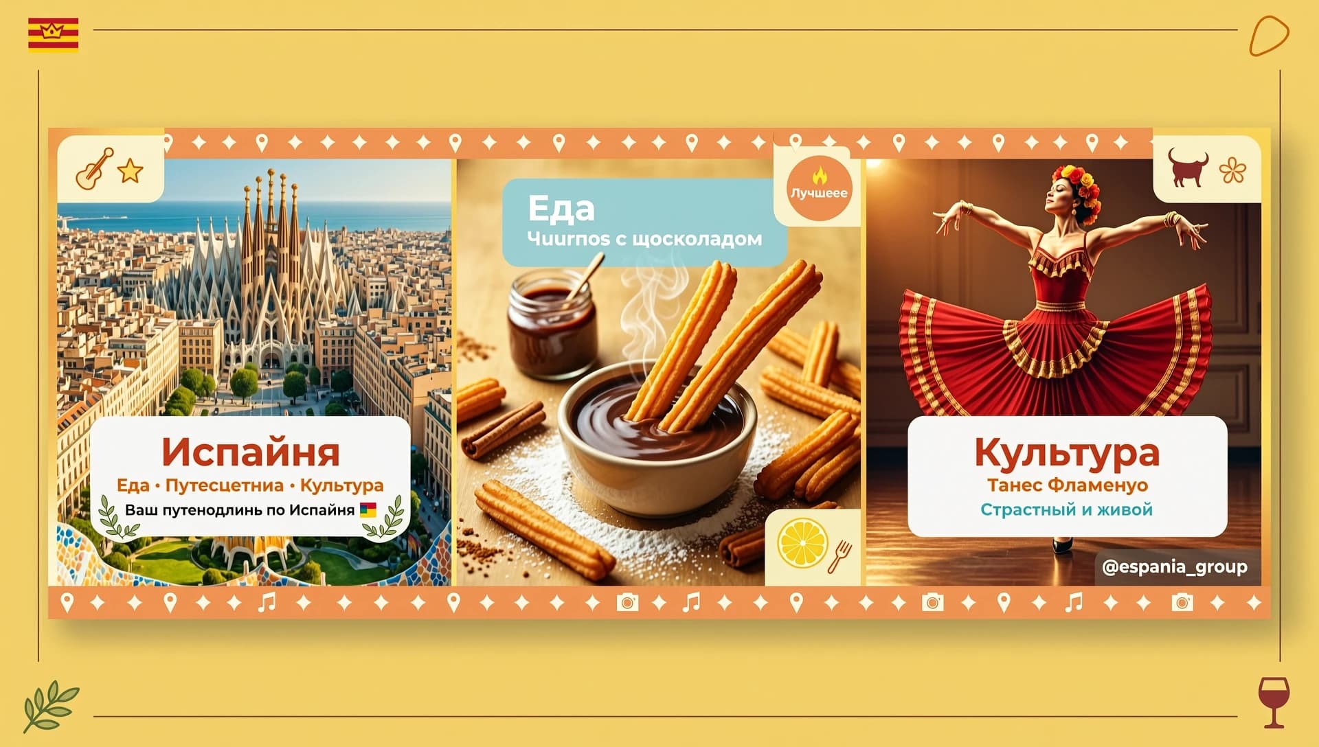 Обложка вконтакте для группы тема испания: еда, путешествия, культура. Используй фото Барселоны, чурроса с шоколадом, фото танца фламенко
Цвета ПАЛИТРА (Точные HEX-коды)
Цвет	HEX	Где используем
Лимонный	#F9DC5C	Основной фон постов, акценты, кнопки, выделение текста
Апельсиновый	#F4A261	Заголовки, иконки, рамки, призывы к действию (CTA)
Белый	#FFFFFF	Фон для текста, подложки, чистые зоны
Небесно-голубой	#A8DADC	Второстепенные акценты, подложки для цитат, ссылки
Размер: 1920х768 пикселей