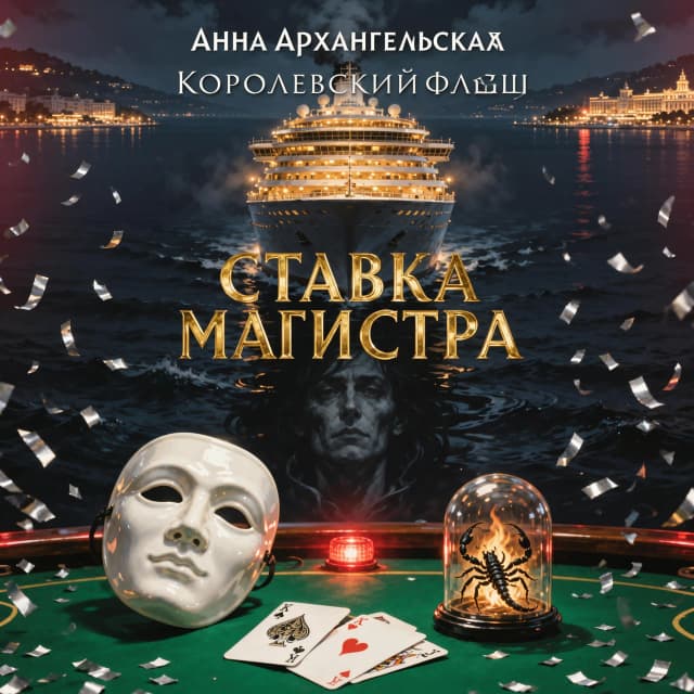 Book cover for a Russian-language psychological detective thriller.  Автор: Анна Архангельская, серия: "Королевский флеш", название: "СТАВКА МАГИСТРА", Vertical 2:3 composition. Cinematic digital painting in a high-end noir style. Белая маска двуликого Януса, A luxurious Mediterranean cruise liner at night, viewed from a high-angle perspective, drifting through the deep, ink-black waters of a winter sea near the shimmering, distant golden lights of Monte Carlo. The ship is an imposing silhouette of elegance and hidden menace: the upper decks glow with a warm, opulent amber light, while the lower decks dissolve into thick, smoke-like shadows. 

In the sharp foreground, a dramatic still life: a single, pristine white porcelain theatrical half-mask floats weightlessly above a deep emerald green felt poker table. Beside it, the dark, menacing silhouette of a black scorpion is visible inside a glass terrarium. Two playing cards lie on the felt: the King of Spades and the King of Hearts, with a Joker card partially tucked beneath them. The surface of the dark water below reflects a haunting, distorted human face, blending reality with psychological dread. 

Lighting: Dramatic chiaroscuro, with warm gold highlights clashing against midnight navy shadows. Small, piercing crimson emergency lights and glints of silver confetti provide sharp accents. Subtle reflections of fire dance within the glass elements. Mood: Expensive, tense, psychological suspense, winter glamour, and noir mystery. Palette: Midnight navy, emerald green, old gold, ivory white, and controlled crimson. Composition: Uncluttered, leaving clean, atmospheric space