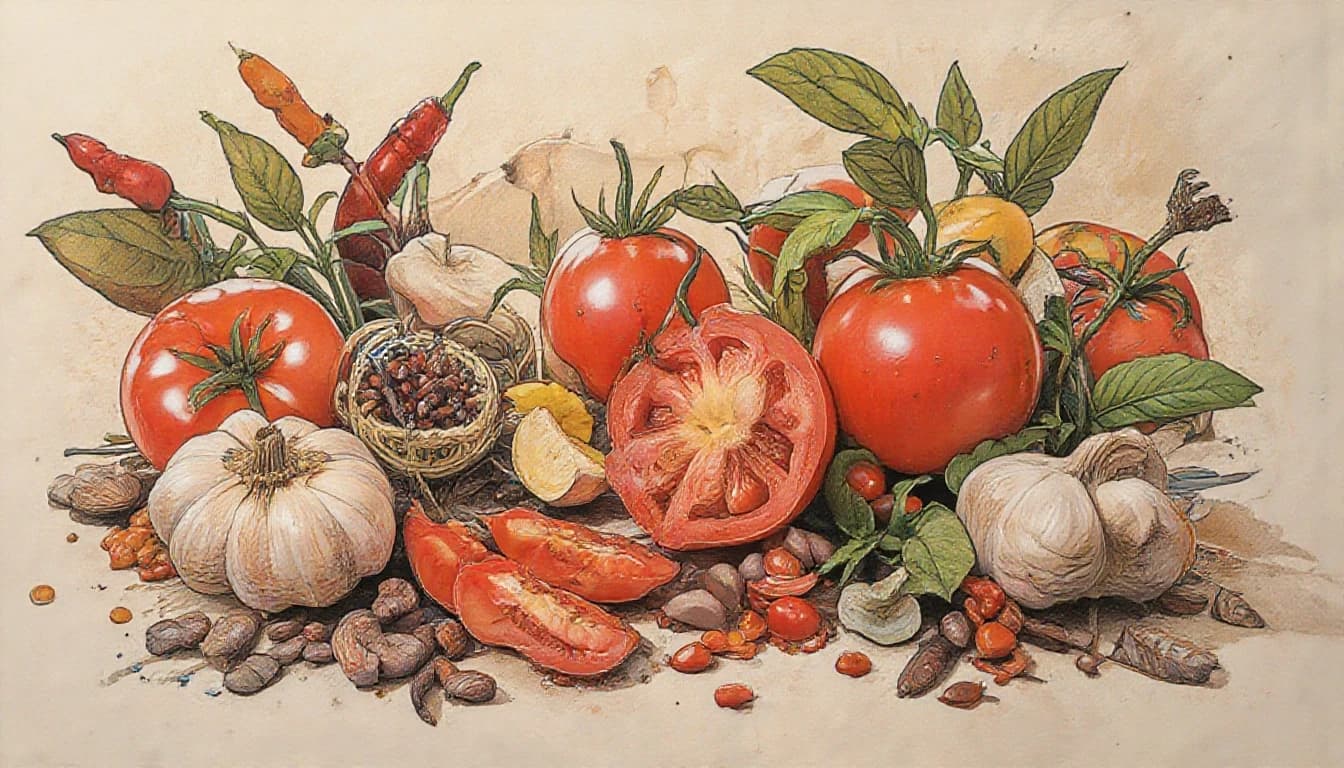 Фронтальный вид  с боку. Старая бумага.  Tomatos, basilik, чили перец, чеснок, пряности, специи.