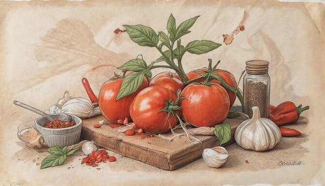 Фронтальный вид  с боку. Старая бумага.  Tomatos, basilik, чили перец, чеснок, пряности, специи.