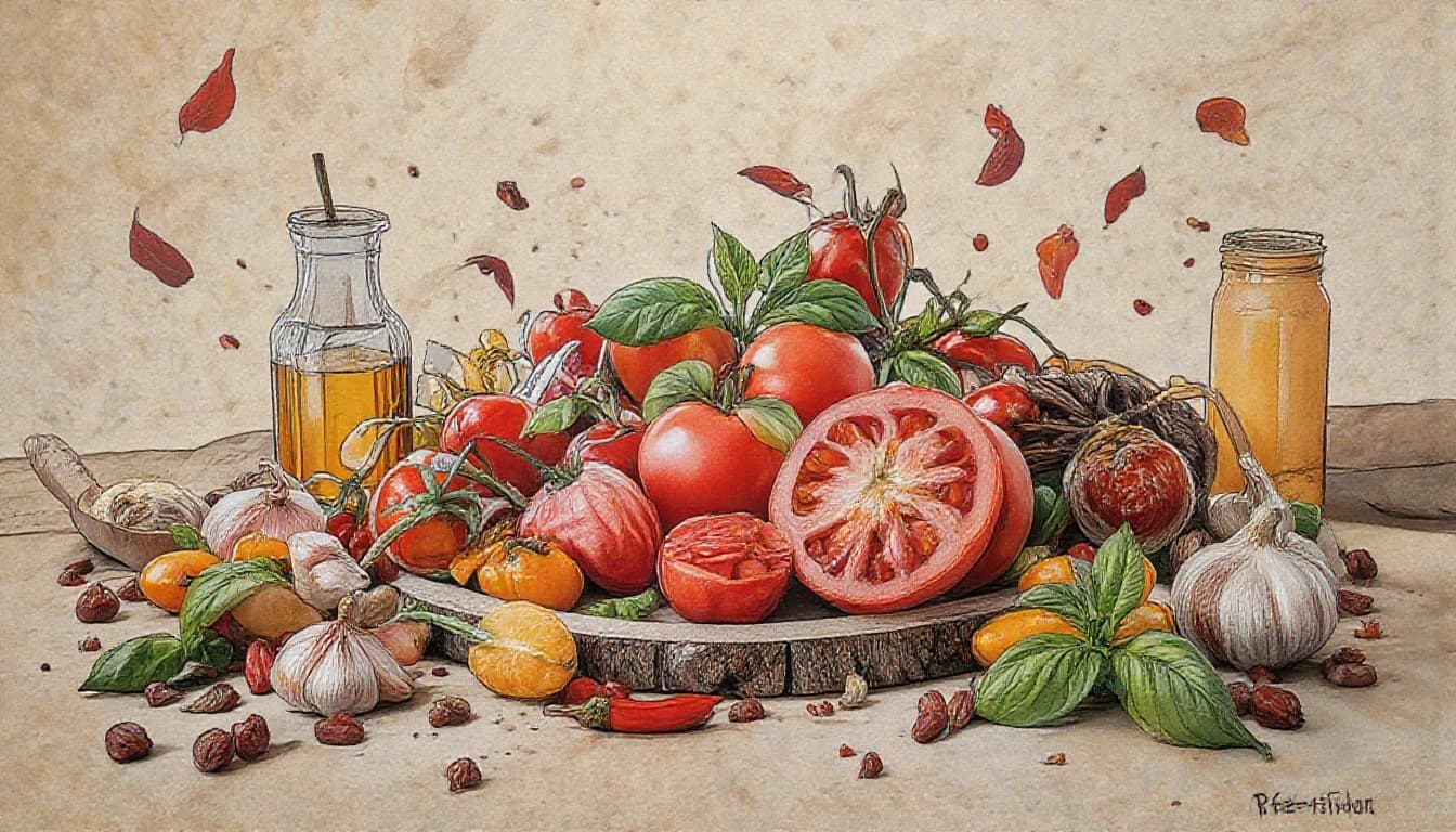 Фронтальный вид  с боку. Старая бумага.  Tomatos, basilik, чили перец, чеснок, пряности, специи.