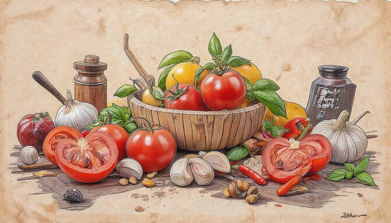 Фронтальный вид  с боку. Старая бумага.  Tomatos, basilik, чили перец, чеснок, пряности, специи.