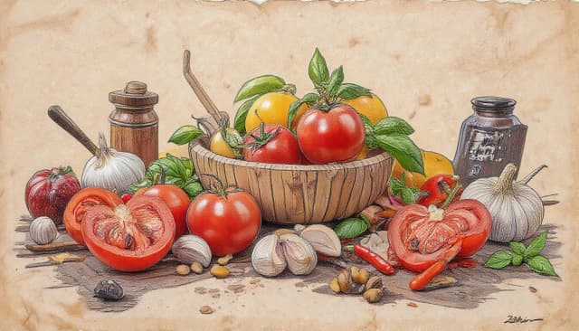 Фронтальный вид  с боку. Старая бумага.  Tomatos, basilik, чили перец, чеснок, пряности, специи.