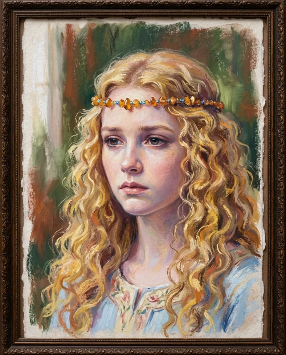 A real masterpiece. How artificial intelligence would depict: (Aesthetics: Impressionism. The image is made in the pastel technique."Goldilocks" is a famous Czech folk tale. Goldilocks: A beautiful golden-haired princess with long, golden, curly hair, whom the evil king wants to marry). Intense close-up. High resolution. High quality. Increased attention to small details. Hyperrealistic style of surrealism, impressionism, fabulous book graphics. Increased attention to the smallest details and texture of book graphics. The author is Narrated by Mills