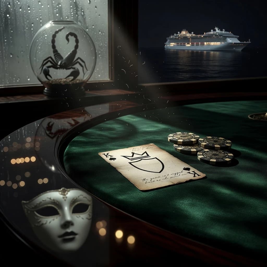 Premium A5 book cover for a detective thriller, vertical orientation. Cinematic hyper-realism, shot on 35mm anamorphic lens, macro photography style.

Composition: An extreme macro close-up shot of a professional poker table upholstered in heavy, deep emerald-green velvet felt with visible fiber texture. Centered in the frame is a single, weathered playing card—a "White King" without a suit, featuring a minimalist, sharp crown contour and a hollow, empty shield. The card's texture is tactile, showing subtle paper grain and faint, enigmatic handwritten script visible through the parchment as light bleeds through the fibers. Beside the card lie three high-end, heavy ceramic casino chips with intricate gold filigree. A razor-sharp, dramatic shaft of light cuts through the darkness like a surgical spotlight, illuminating the card and dancing microscopic dust motes in the air.

In the dark, mirror-polished mahogany reflection of the table's edge, a ghostly, sophisticated white porcelain masquerade mask emerges from the shadows, accompanied by the soft, creamy bokeh of Monte Carlo’s distant luxury lights. In the upper corner, softly blurred behind a pane of frosted, condensation-covered glass, a small elegant glass terrarium reveals the sharp, non-grotesque silhouette of a scorpion. In the far background, visible through a distant window, a magnificent, glowing modern cruise liner glides silently across a pitch-black, obsidian sea.

Atmosphere: Cold luxury