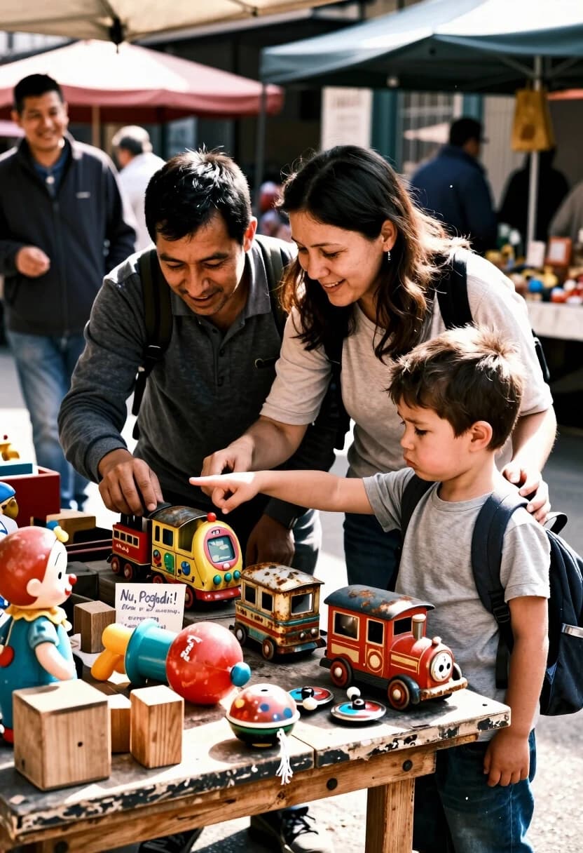 Realistic street-photo style, 50mm lens, f/2.8, bright daylight with soft shadows and sharp sunbeams cutting through the awning gaps. A weathered wooden flea market stall piled with vintage toys: tin car, train, mechanical clown with rust and patina; wooden blocks; worn plastic figure; cloth doll with faded fabric. Clearly visible among the items: a Tamagotchi with a cloudy screen, the handheld “Nu, Pogodi!” game with faded buttons, a yo‑yo with frayed string, and a few dulled metal spinners. Handwritten price sign and faded tags sit beside the goods.

In the foreground, the parents are fully absorbed in the nostalgia: the dad animatedly turns the tin train’s wheels, face lit with boyish excitement; the mom smiles, pressing buttons on the Tamagotchi. Their body language is open and joyful, completely focused on the toys.

Right beside them, a small child (4–5 years old) stands with a clearly bored and slightly sad expression: eyes downcast, lower lip gently pouted, posture slumped with impatience. The child is not playing with anything. Instead, the child firmly but gently tugs at the mom’s sleeve with one hand, while the other hand points insistently toward the next stall, silently urging the parents to move on. The small backpack sways slightly with the tug.

Behind the family, the market continues: blurred shoppers, other stalls, a vendor with a soft, knowing smile. Sunlight highlights dust motes, textures of peeling paint, oxidized metal, frayed fabric, worn plastic, and rough wood.

Mood: bittersweet warmth with a strong contrast between the parents’ vivid nostalgia and the child’s quiet impatience—a gentle generational disconnect. Cinematic, candid, documentary-style realism. 8K, extreme detail on textures and skin, natural colors, no stylization.

Отрицательный промт (обязательно добавь отдельно, как negative prompt)
Do not show the child playing with any toy, do not show the child smiling or excited, do not show the child holding or touching toys, do not show the child looking at the toys with interest. Do not make the child part of the parents’ game. Do not show exaggerated cartoonish expressions. Avoid overly dramatic or theatrical poses. No bright, over-saturated “happy” lighting on the child. No magical or dreamlike atmosphere. No motion blur that hides the child’s facial expression.