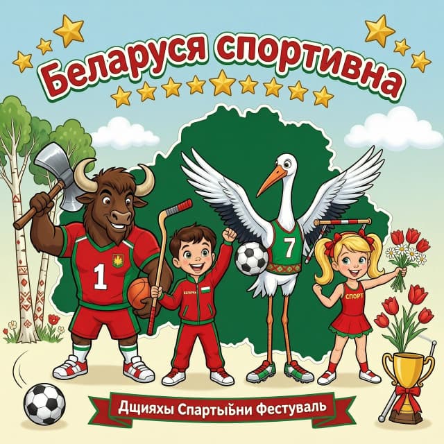 Картинка для детей "Беларусь спортивна". Зубр и аист в спортивной форме со спортивным инвентарем, а с ними мальчик и девочка на фоне контура Беларусии в стиле дисней