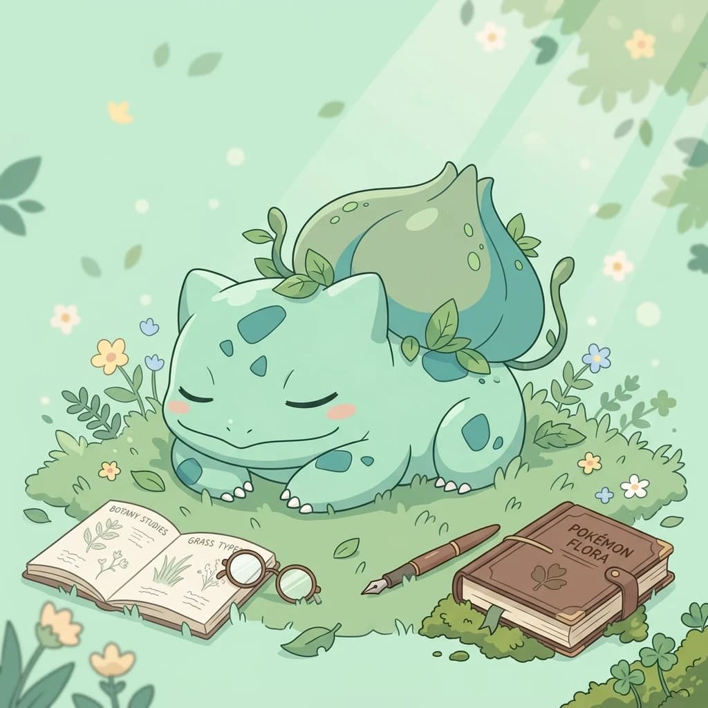 Flat vector illustration, cute sleepy Bulbasaur character lying peacefully on soft green grass, relaxing nature academic atmosphere, pastel mint green background, studio lighting, clean 2d anime vector style, consistent colors, --ar 4:3 --niji 6