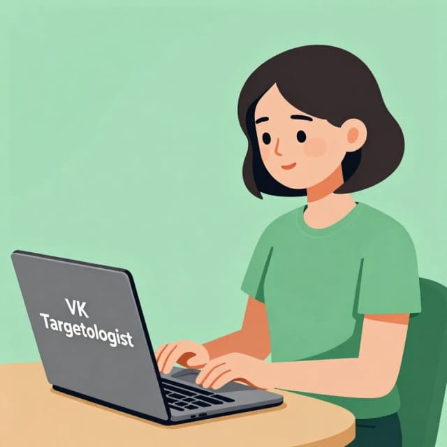 я хочу создать картинку, где будет надпись Таргетолог ВК, девушка за ноутбуком сидит, у девушке прическа каре, одета непринужденно, работает за ноутбуком, при этом на ноутбуке видно надпись Таргетолог ВК, цвета приятны глазу, чтобы визуально не раздражали, спокойный зеленый будет в плюс. Надпись на кирилице, чтобы было видно в полоборота экран ноутбука и фон, она находится в квартире а не пустой фон. Сделать картинку в мультаяшном стиле или нарисованную.