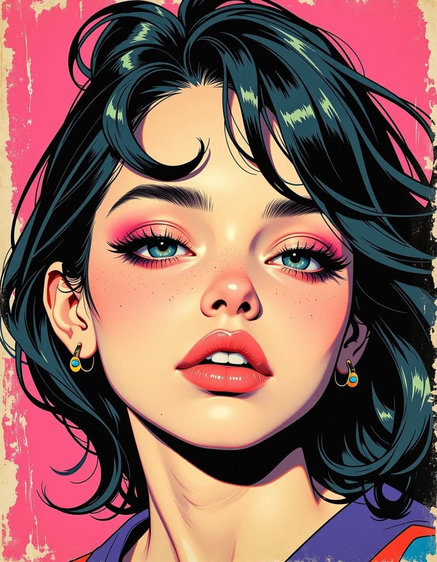 A masterpiece,  in the style of the 1980s, with bold lines, dynamic strokes and rich textures, on background with a touch of nostalgia, perhaps with subtle drawings inspired by cellulose and vintage, worn textures similar to paper, oil painting, anime portrait, neon green as the key, look-back, invented person, cel-shade. Avoid: clip-art, 3D render, photoreal pretending to be a drawing, Leonardo purple, real logos, real IP, celebrity, grey corpse skin, clown nose, slit eyes, chibi, sparkle-eye, white void, OOH headline, manifesto copy. hdr