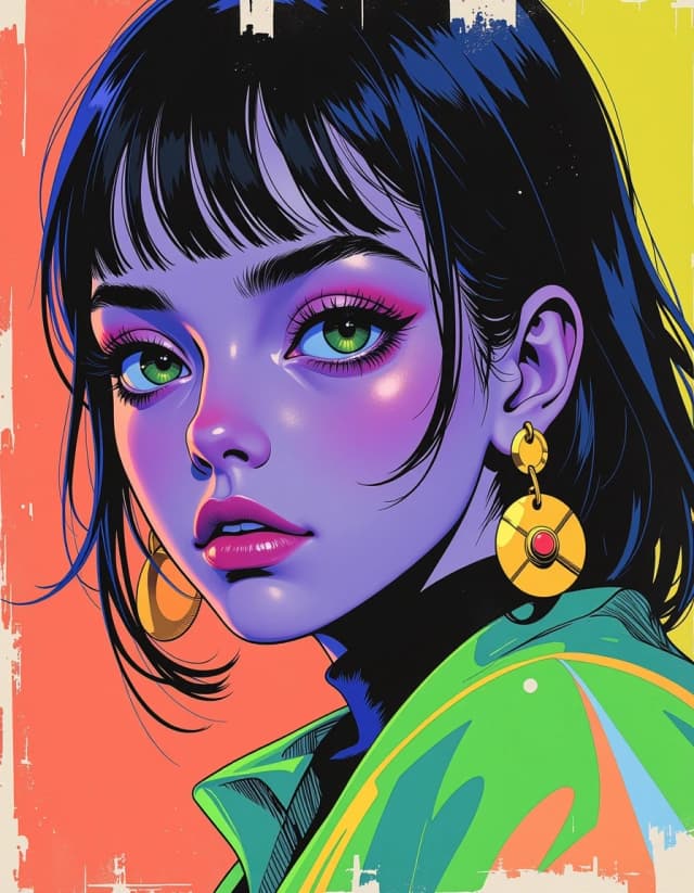 A masterpiece,  in the style of the 1980s, with bold lines, dynamic strokes and rich textures, on background with a touch of nostalgia, perhaps with subtle drawings inspired by cellulose and vintage, worn textures similar to paper, oil painting, anime portrait, neon green as the key, look-back, invented person, cel-shade. Avoid: clip-art, 3D render, photoreal pretending to be a drawing, Leonardo purple, real logos, real IP, celebrity, grey corpse skin, clown nose, slit eyes, chibi, sparkle-eye, white void, OOH headline, manifesto copy. hdr