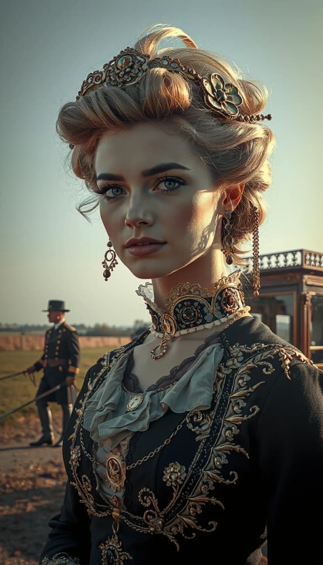 Очень стильная красивая дама из викторианской эпохи, крупным планом в полный рост, с необыкновенной причёской, гиперреализм, черноглазая с русыми волосами, живопись маслом, высокая детализация лица, высокое разрешение 8К, фоном- красивая карета и кучер у кареты.