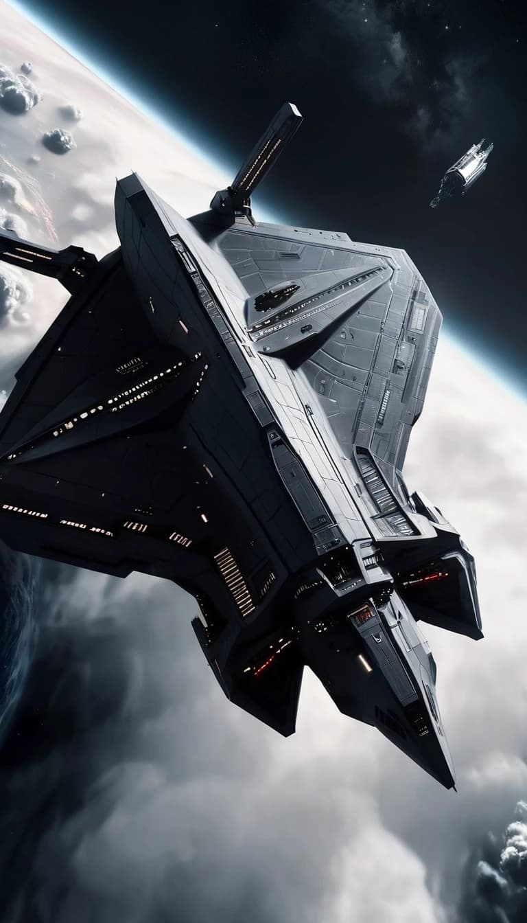 Cinematic sci-fi shot of an aggressive, angular dark grey spaceship hovering in the upper stratosphere. The ship features flat, vertical, weakly glowing pale gray wing plates. Below the ship is a dense, thick layer of volumetric white and gray clouds. Above the ship, the sky transitions into deep black cosmic space, already showing scattered stars and a faint atmospheric glow at the edge. The background contains no planets or large celestial bodies — only a clean transition from clouds to deep space. Dramatic lighting, high definition, photorealistic, cold metallic textures, realistic atmosphere, closely resembling vessels from the game Dark Orbit.