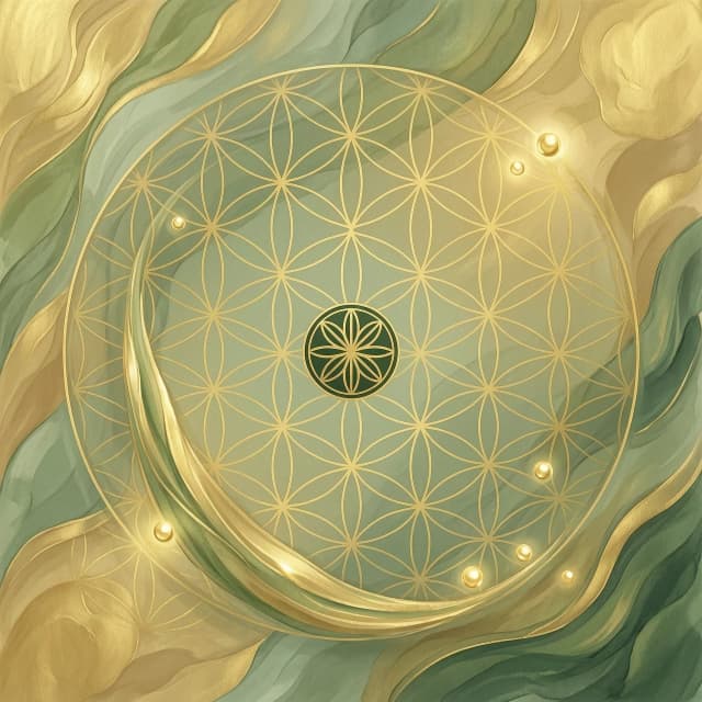 Square abstract composition in a soft digital abstraction style, avoiding photorealism to emphasize a sense of fluid rhythm and organic flow. The palette is a harmonious blend of warm golden and honey tones intertwined with natural greens: sage, moss, olive, and deep forest. The artwork features smooth transitions and delicate translucent layering. At the foundation, a subtle "Flower of Life" pattern is etched in thin, ethereal golden outlines as a semi-transparent background layer. Overlaid on this is a Fibonacci spiral, rendered as an organic, sweeping curve resembling a growing sprout or a wave of pure energy. Small, luminous golden spheres are scattered along the spiral's nodes, acting as droplets of light or symbols of abundance, maintaining a balanced, minimalist distribution. In the composition's heart lies a small, laconic "Seed of Life" (six intersecting circles) in deep forest green with a fine gold rim, serving as a quiet, grounding focal point. Lines are soft and painterly, composed of gentle brushstrokes and gradient arcs rather than harsh edges, creating an effect where the pattern emerges through translucent textures. The medium evokes a sense of layered digital watercolor with subtle grain and a soft impasto texture, providing depth without clutter. Lighting is diffused and internal, emanating from the golden elements. The overall mood is serene, confident, and meditative, embodying the essence of natural flow and inner stability.