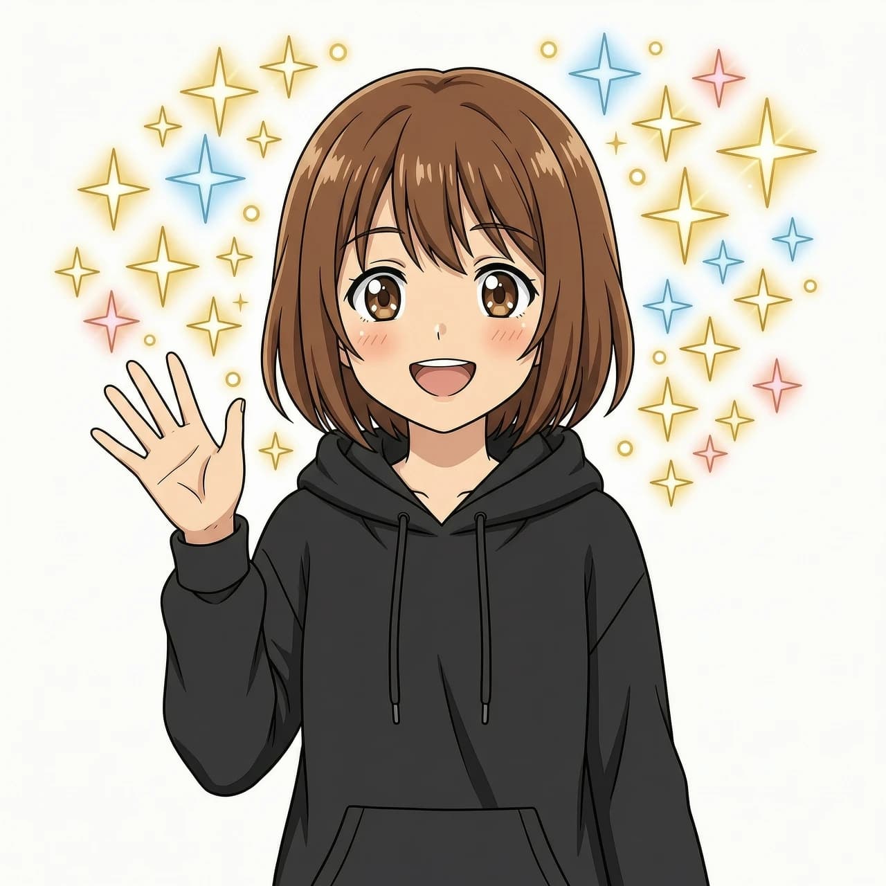 Classic 2010s anime style, 2D flat anime aesthetic, beautiful ordinary anime girl, standard human proportions, short brown hair, expressive brown eyes, wearing an oversize black hoodie, solid white background, clean black outlines, simple cell shading, high contrast, 4k, close-up portrait, smiling happily, waving hand at camera, sparkling sparkles around her head, joyful anime expression