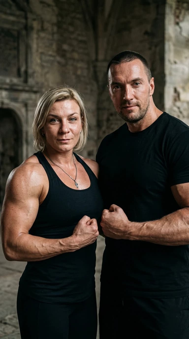 Hyper-realistic cinematic film still, high-detail photography. A powerful female bodybuilder with highly defined musculature and athletic physique standing side-by-side with Alexander Nevsky (played by Kuritsyn). The woman's facial features must remain strictly unchanged, seamlessly integrated into her muscular body. Both characters must exhibit realistic body proportions, anatomical accuracy, and matching skin textures, including subtle pores, sweat, and natural skin tones. The lighting is dramatic cinematic chiaroscuro, highlighting muscle definition and facial contours. The composition is a medium shot, capturing them from the waist up, creating a sense of presence and scale. The background is a gritty, atmospheric historical setting with soft bokeh. Shot on 35mm lens, f/2.8, sharp focus, natural grain, authentic film look, no digital artifacts, zero photoshop effect, highly realistic textures, 8k resolution.