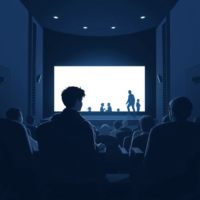 Атмосферная 2D иллюстрация, монохромная в глубоких оттенках темно-синего, индиго и сапфира, с мягким свечением экрана.
Сюжет: уютный кинозал. На переднем плане — человек сидит в кресле спиной к зрителю и смотрит на большой светящийся экран. На экране — сцена из его собственной жизни: он сам, играющий свою роль (он вышагивает из экрана), и несколько небольших фигурок других людей на заднем плане экрана, занятых своими сценами.
Сам человек в зале уже понял что-то важное — он спокоен, его поза расслаблена, он смотрит на себя на экране с легкой тихой улыбкой, как будто прощается или отпускает. Свет от экрана мягко ложится на его силуэт и кресло. В зале полумрак, но не мрачный — спокойный, философский, как в утреннем сне. Картина должна быть изящной и стильной.