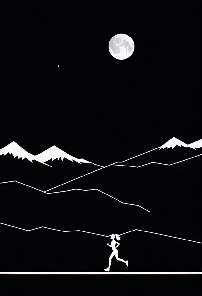 a black background, a horizontal white line, a small silhouette of a girl with a thin white line in profile, running along a white line. There are mountains against the background, and the moon is above them. Minimalism